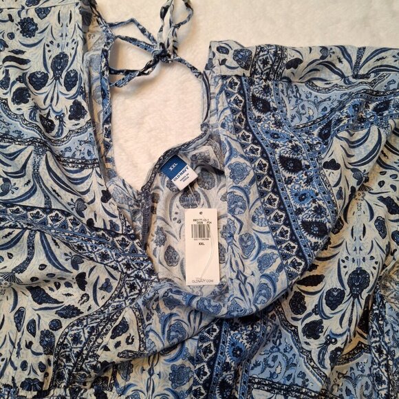 Old Navy Floral Crop Top Sz XXL Smocked Waist Back Tie Boho Peasant Coastal Blue - Picture 9 of 14